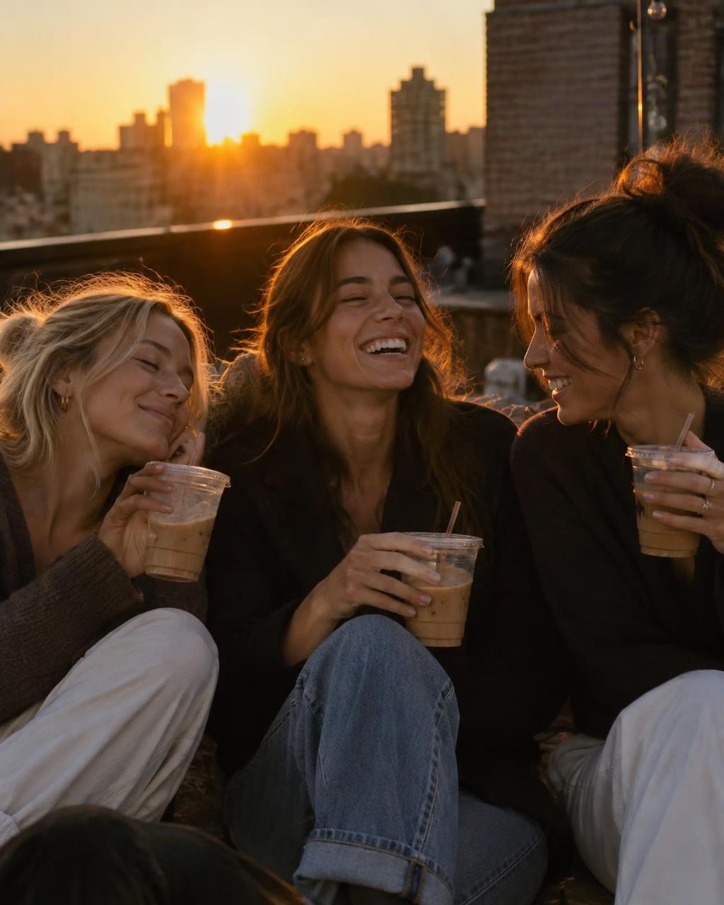 Three friends laughing together on a rooftop at golden hour