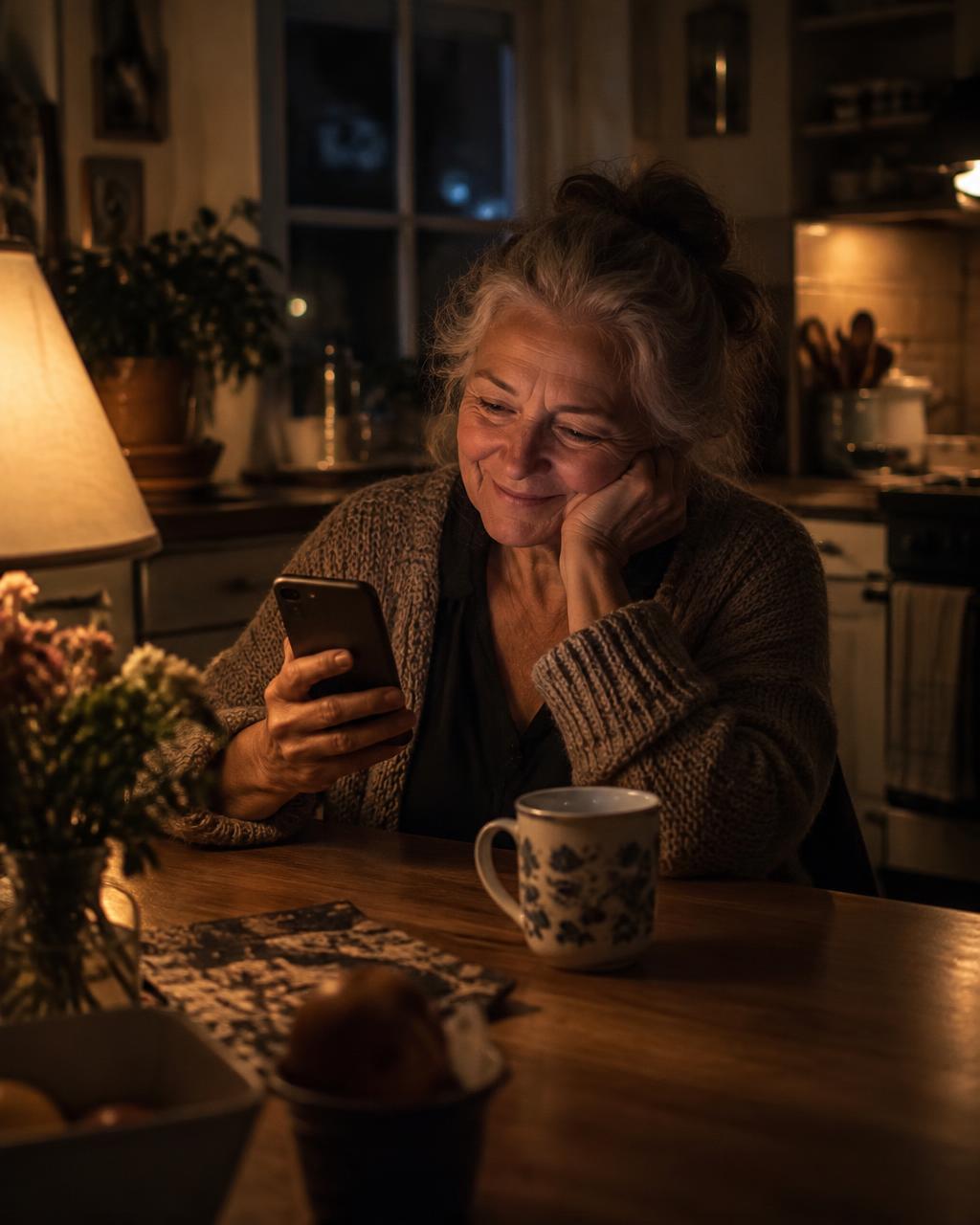 A grandmother smiling at her phone in a warm kitchen