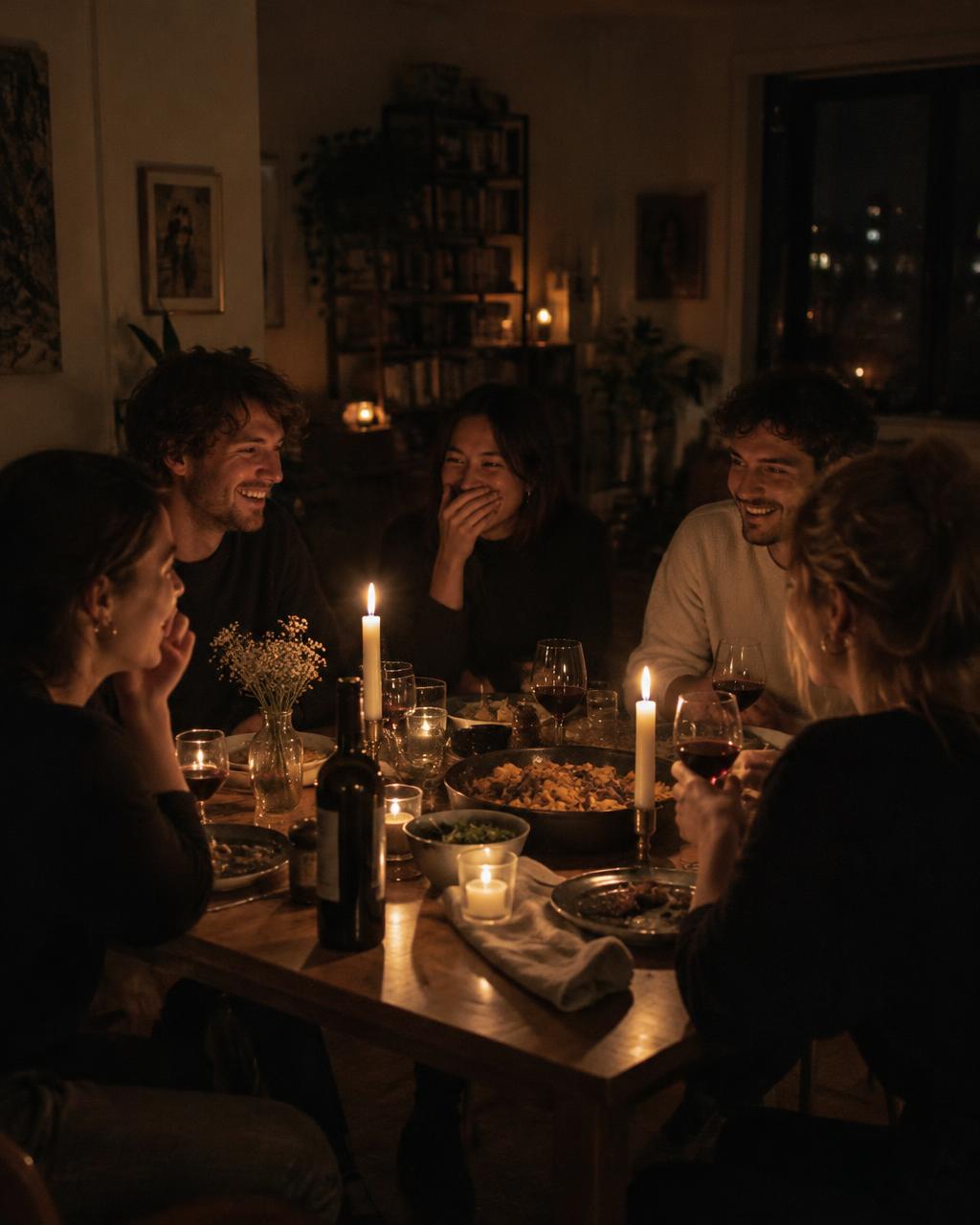 Friends sharing a candlelit dinner